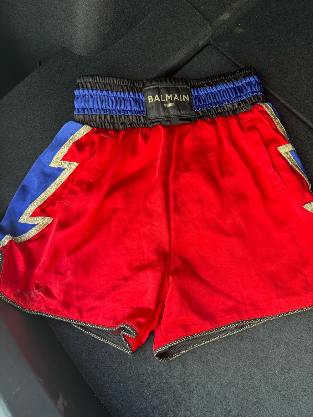 Balmain Red Satin Shorts with Blue and Gold Lightning Trim